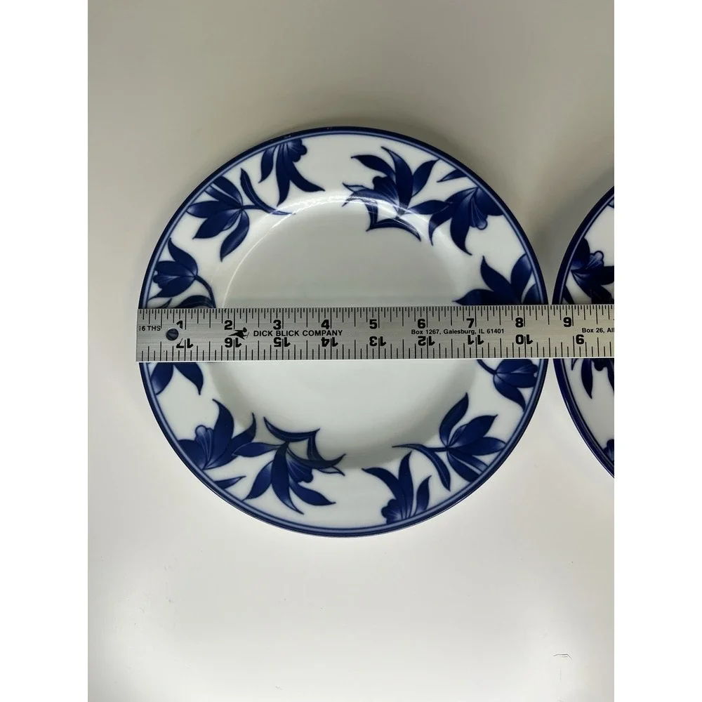 Pier 1 Ming White Cobalt Blue Salad Plate Set of 2 Leaves & Flowers Asian Glossy
